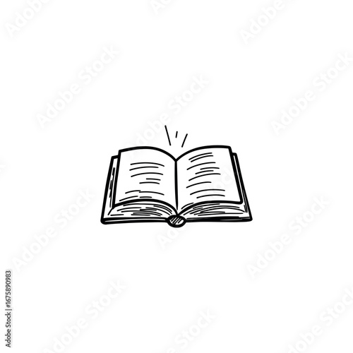 Open book illustration with visible pages and cover in black and white with light rays above the book