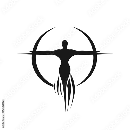 Ascending woman figure within lunar arc symbol in simple black silhouette