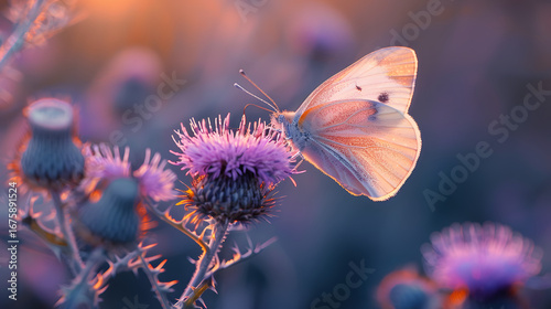 Stunning Butterfly on Thistle Flower at Sunset: Nature Photography