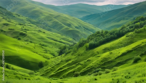 Vibrant green valleys, rolling hills, lush nature landscape, serene beauty.