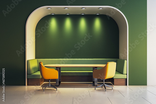 Fotografija Modern cafe interior with green alcove seating area, yellow chairs, and wooden table under ceiling spotlights in empty commercial space