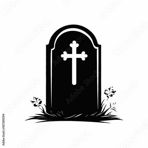 Grave and flowers memorializing death and remembrance, dark black silhouette