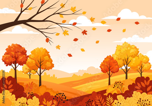 Vibrant fall season illustration background with colorful autumn trees, falling leaves, and serene hills, capturing a beautiful autumn landscape