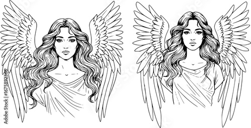 Drawing of a Beautiful Woman as an Angel with Long Flowing Hair - Black and White Illustration or Tattoo Isolated on White Background, Vector