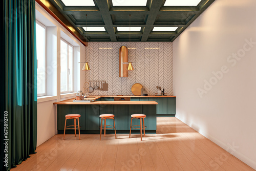 Fototapeta Naklejka Na Ścianę i Meble -  Contemporary kitchen interior with teal cabinets, wood accents, and pendant lights under coffered ceiling in bright empty home space. 3D Rendering