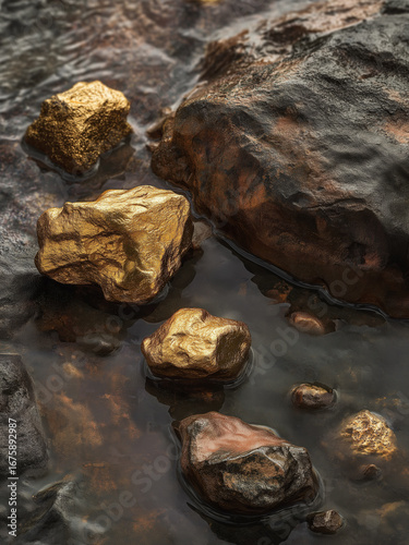 Gold nugget river rock stone natural mineral raw precious metal value wealth.