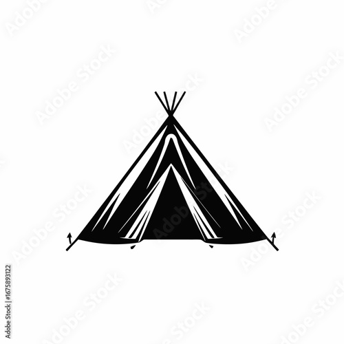 Camping teepee tent design for minimalist outdoor adventure in black silhouette