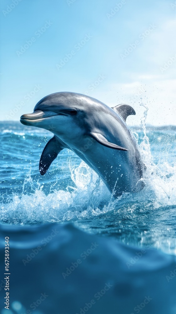 Fototapeta premium Exuberant Dolphin Leaping from the Ocean on a Sunny Day. An incredible vertical image of a dolphin leaping out of the water, captured in a moment of pure joy and energy. The dolphin's sleek body is ar