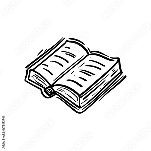 Illustration of an open book with visible pages and a spine in a black and white drawing style
