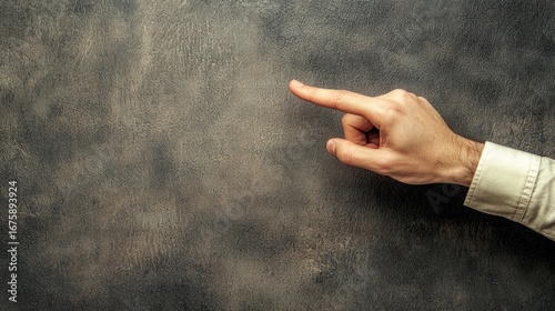 A hand pointing to the left on a textured dark background.