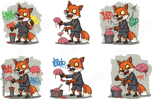 Zombie fox cartoon character holding brains in urban graffiti scene, horror Halloween vector illustration for spooky undead animal monster artwork