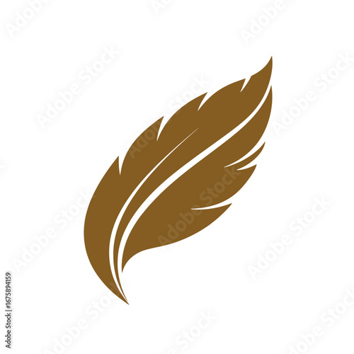 Isolated brown elegant stylized feather on white canvas background silhouette