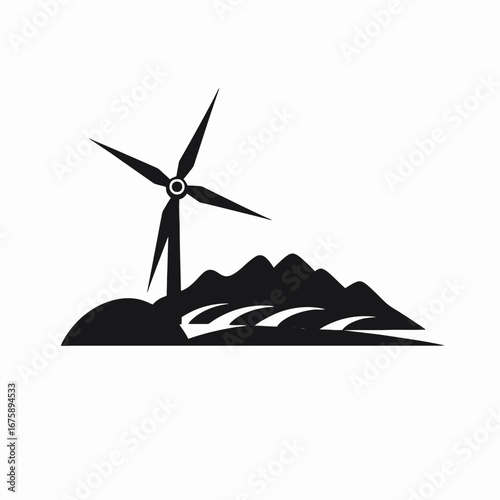 Serene scene with windmill and mountains in minimalist black and white silhouette
