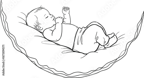 Baby sleeping in hammock, black and white vector, peaceful nap, minimalist line art, restful design, infant comfort, serene childhood moment