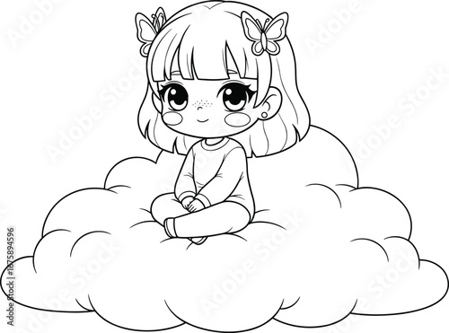 Chibi girl on cloud, black and white vector, cute cartoon character, butterfly hairpins, hand-drawn style, dreamy pose, kawaii illustration art