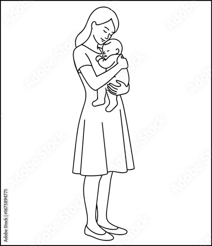 Mother holding baby, black and white vector, maternal love, minimalist design, affectionate embrace, parenting concept, emotional bond,
