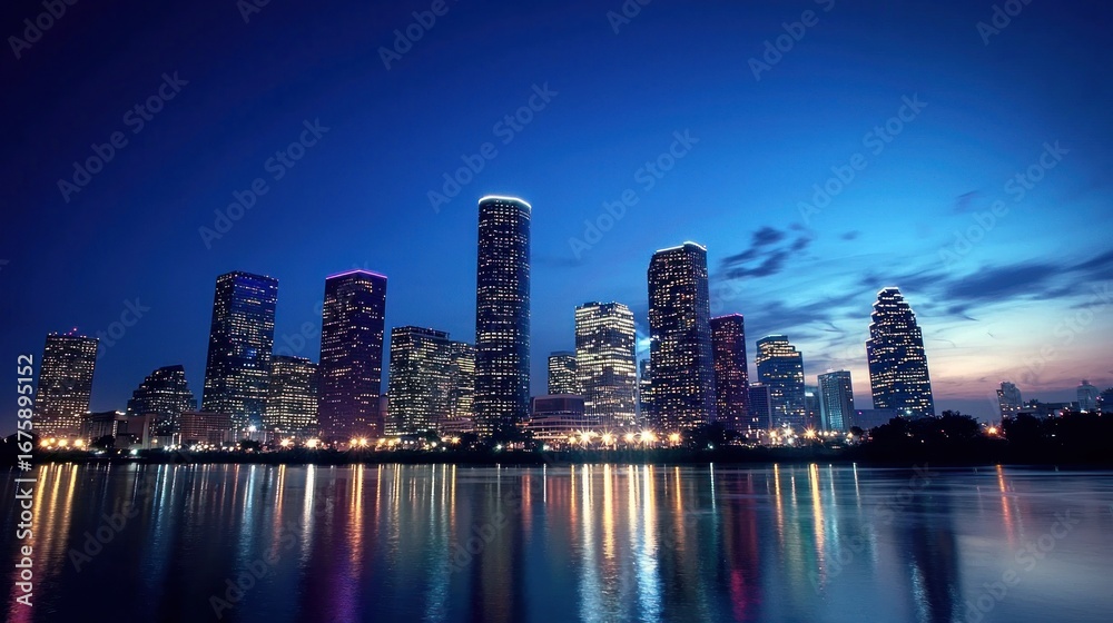 Fototapeta premium Houston skyline at dusk with the city lights reflecting on the water.