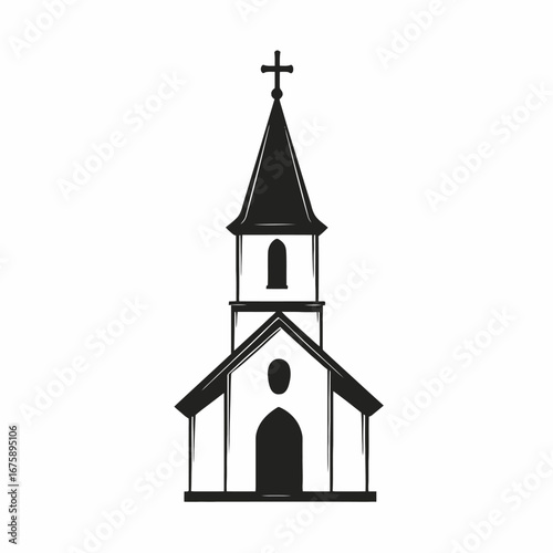 Minimalist black and white church vector graphic drawing religious symbol silhouette