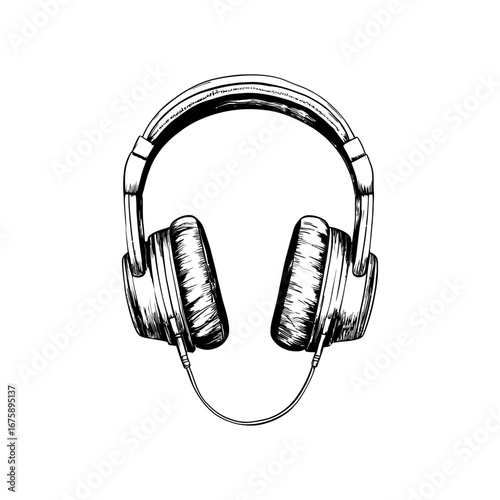 Illustration of over ear headphones with cable connection in a detailed sketch style on white background
