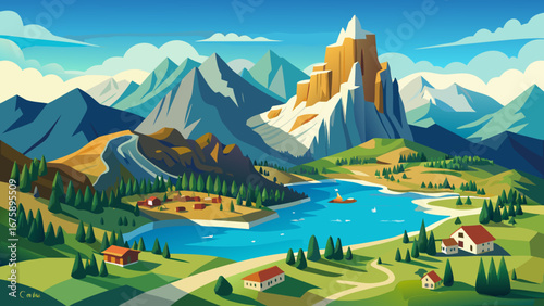 Picturesque mountain landscape with lake, village, winding road, and lush forest