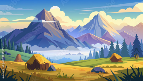 Picturesque mountain landscape with huts and vibrant sky in a serene setting