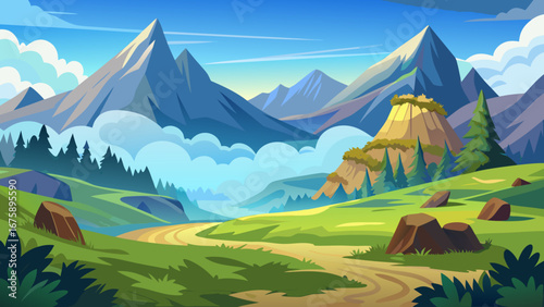 Idyllic mountain landscape with winding path and lush greenery under a blue sky