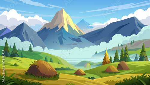 Picturesque mountain landscape with rolling hills and a clear sky on a sunny day