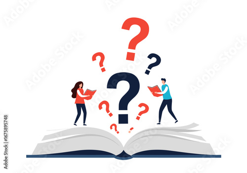 Exploring the mysteries of knowledge and understanding through open books and question marks illustration