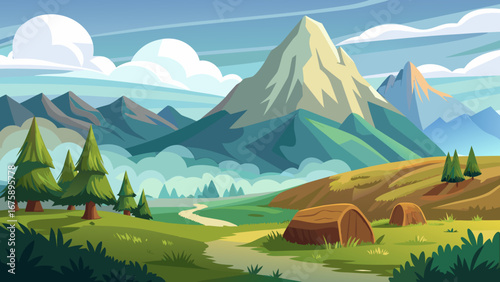 Idyllic mountain landscape with a winding path and golden hay bales in field