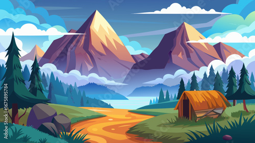 Majestic mountain landscape with a winding river and cozy cabin by the shore