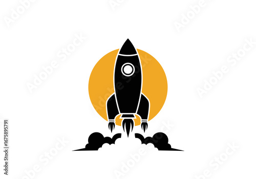 Black retro rocket launching into a bright orange circular sun with smoke trails on a white background