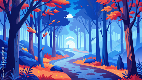 A winding path through a colorful forest in autumn season scenery