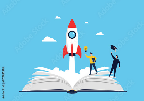 Open book launches rocket symbolizing educational achievement and launching new ideas into the sky