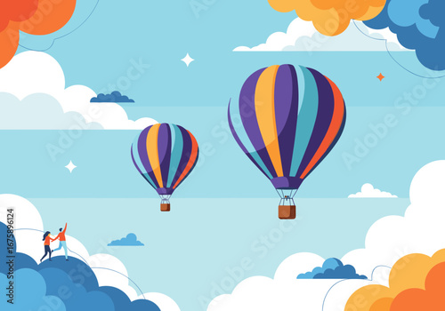 Two vibrant hot air balloons gracefully ascend into the vast blue sky surrounded by fluffy white clouds and a few scattered stars