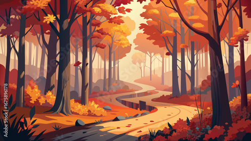 A winding road through a vibrant forest in the peak of autumn season