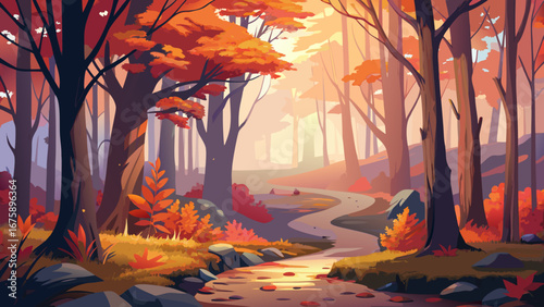 A winding path through a colorful forest during the vibrant autumn season