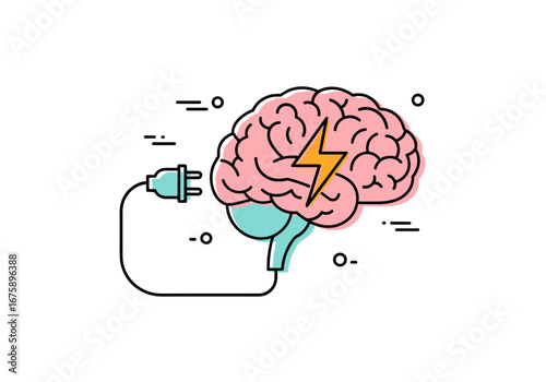 Conceptual illustration of brain power and electrical connection representing cognitive enhancement and mental energy flow