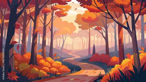 A winding road through a vibrant autumn forest on a beautiful day