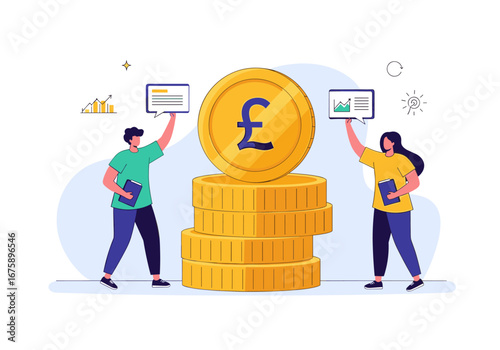 Two people looking at financial charts standing next to a large stack of gold coins with a pound symbol on the top coin representing financial growth and investment success