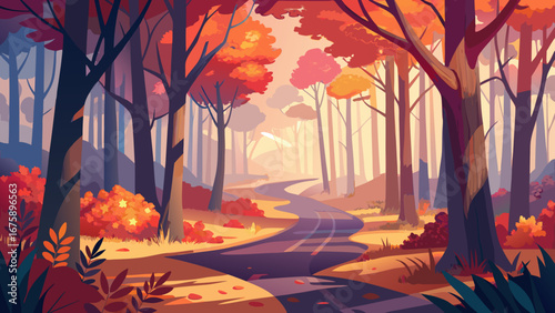A winding road through a vibrant autumn forest on a sunny morning