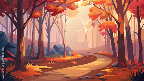 A winding path through a vibrant autumn forest landscape on a sunny day