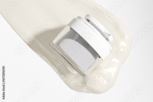 Luxury skincare bottle mockup, cylindrical lotion bottle with clear plastic cap, short skincare Packaging with pump dispenser, plastic cream jar vacuum bottle, double wall acrylic cream pump container