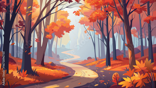 A serene autumn forest with a winding path and vibrant foliage colors