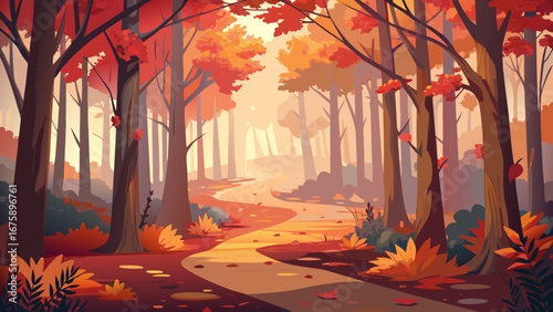 A winding path through an autumn forest with vibrant foliage and soft sunlight