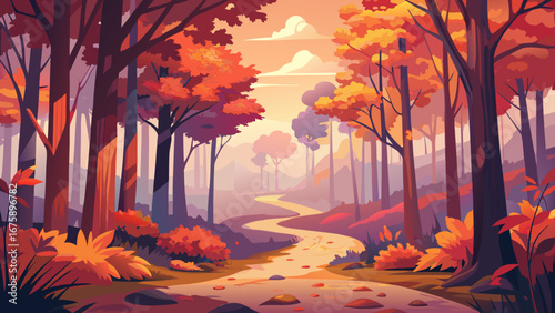 A serene autumn forest path with colorful foliage and sunlight streaming through