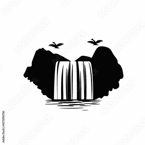 Majestic waterfall cascading between mountainous cliffs depicted as a stunning vector silhouette