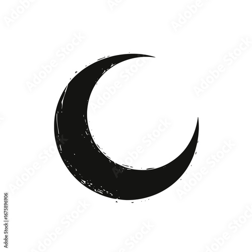 Abstract dark crescent moon, rough texture on a white background silhouette