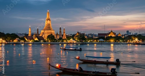 Sunset over Wat Arun with boats on the river