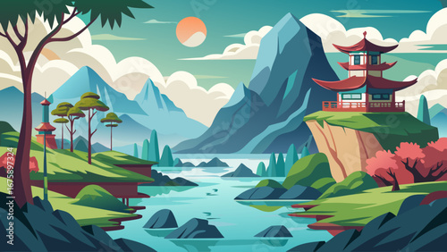 Tranquil asian landscape with pagoda on a cliff and mountain backdrop