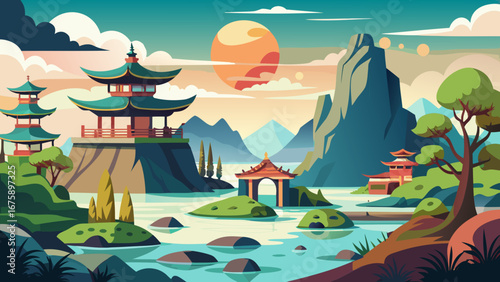 Scenic asian landscape with pagodas, mountains, and a serene lake view